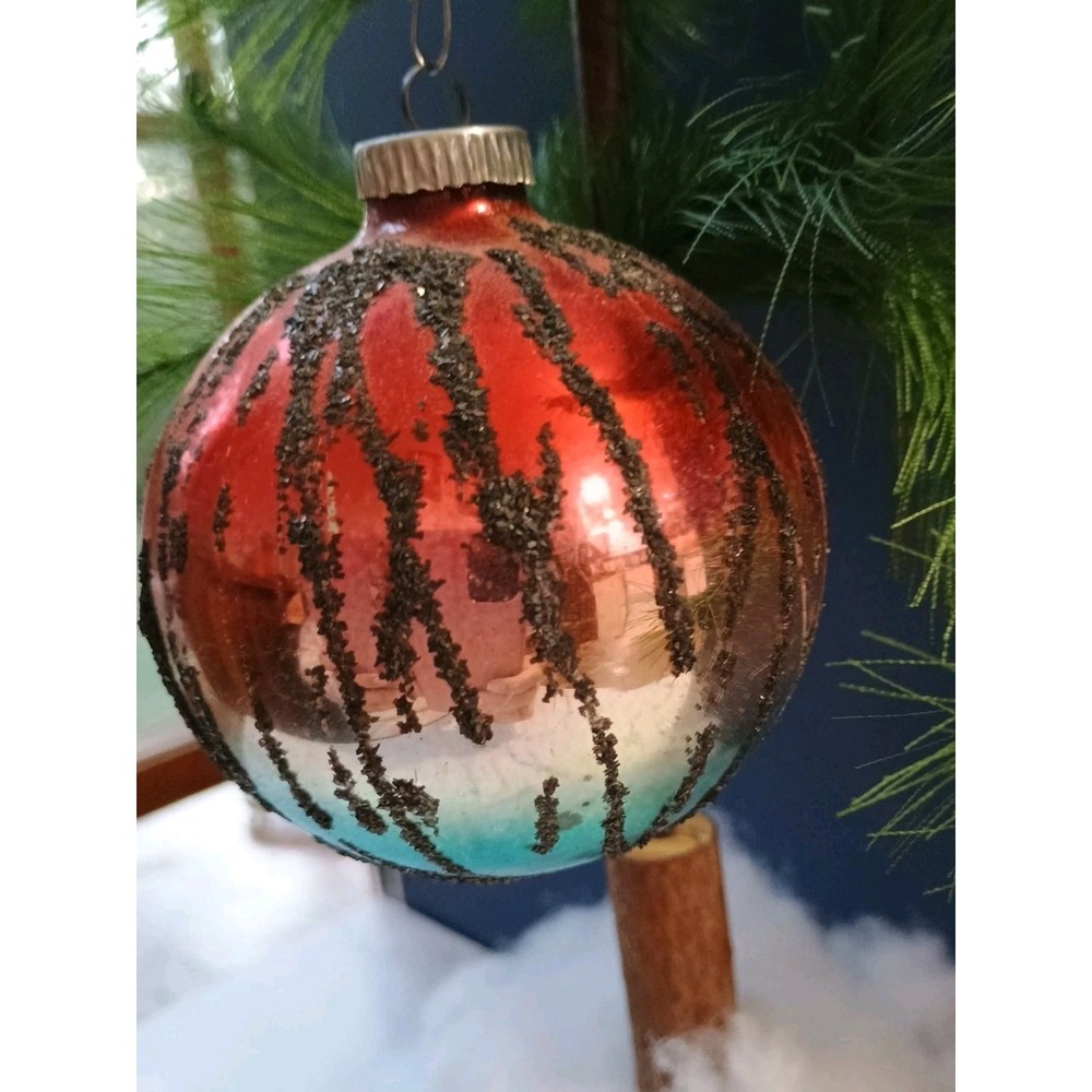 Vintage Red Silver Blue Mercury Glass Mica Zig Zag Christmas Ornament